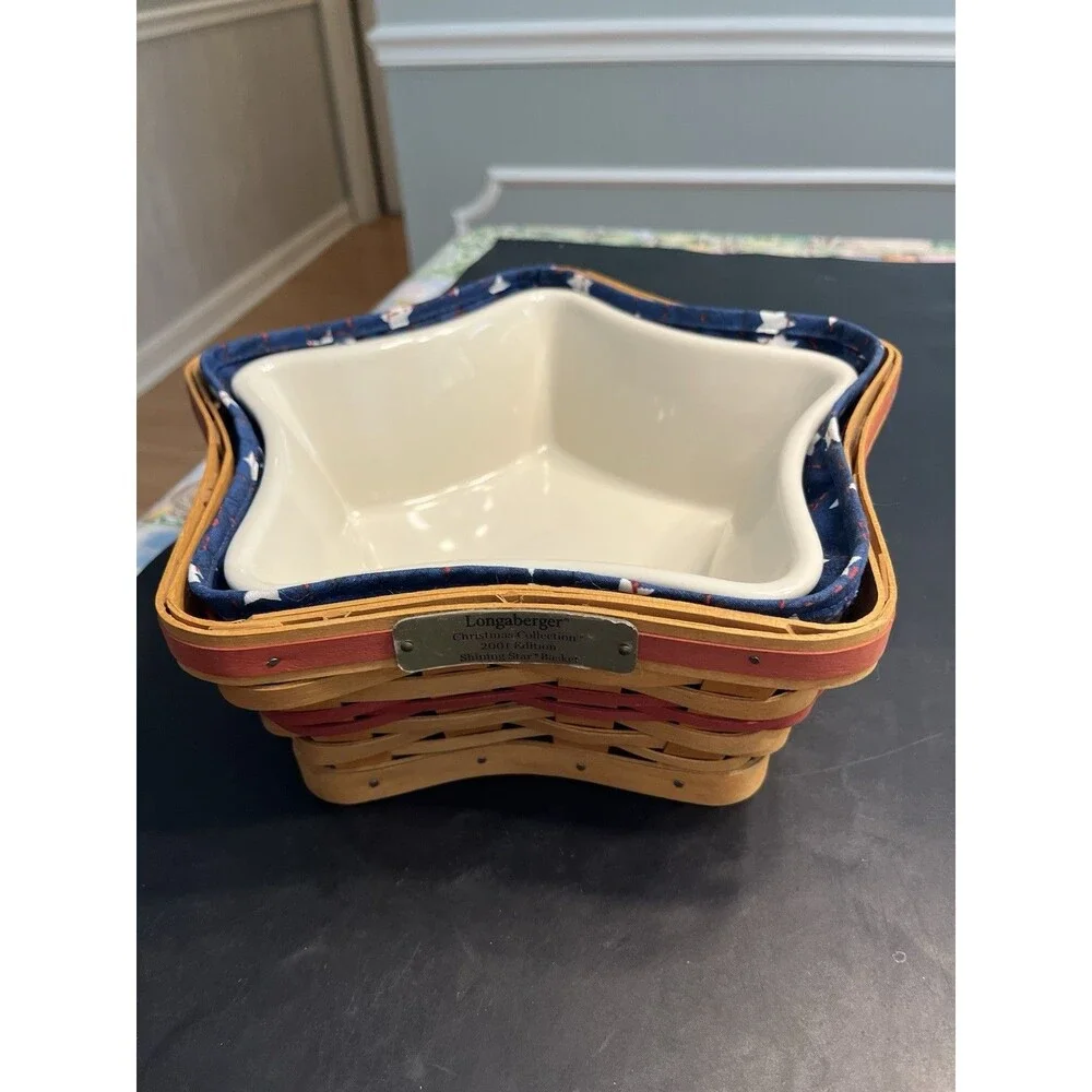 5pc Longaberger Pottery & Red Woven Basket Star Shaped Liner (2); Protector USA
